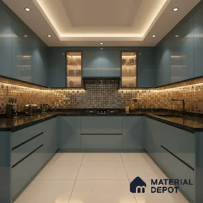 Modern U-shaped kitchen with blue high gloss laminate, black granite countertop, and metallic mosaic backsplash tiles in Bengaluru
