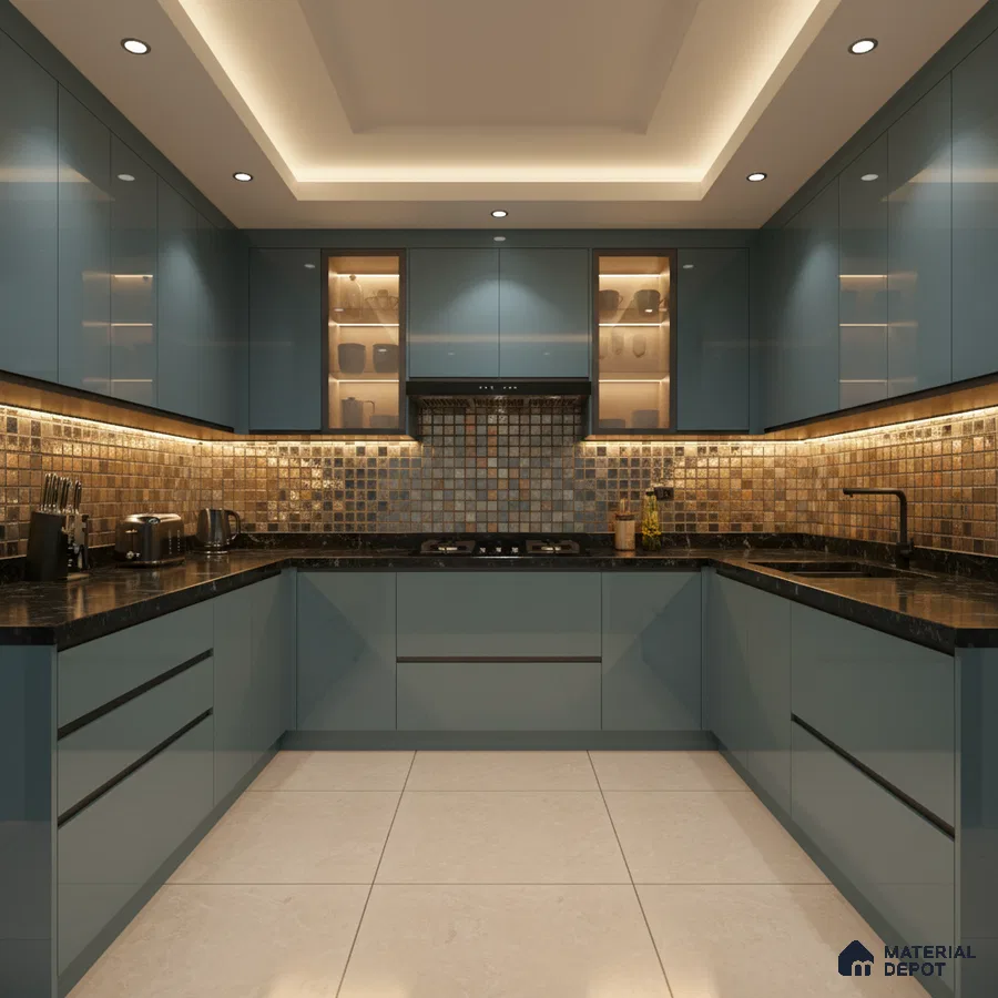 Modern U-shaped kitchen with blue high gloss laminate, black granite countertop, and metallic mosaic backsplash tiles in Bengaluru