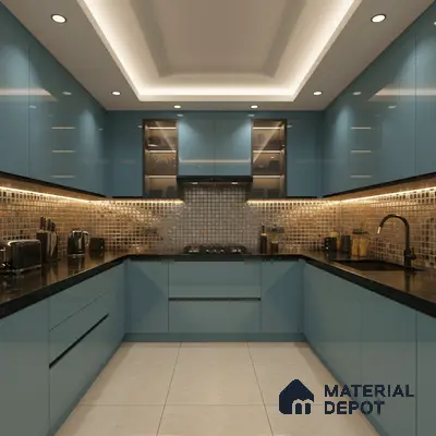 Modern U-shaped kitchen with blue high gloss laminate, black quartz countertop, and metallic mosaic backsplash tiles in Bengaluru