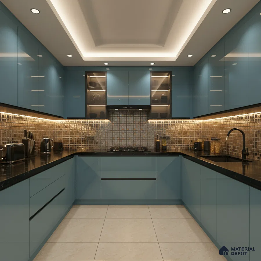 Modern U-shaped kitchen with blue high gloss laminate, black quartz countertop, and metallic mosaic backsplash tiles in Bengaluru