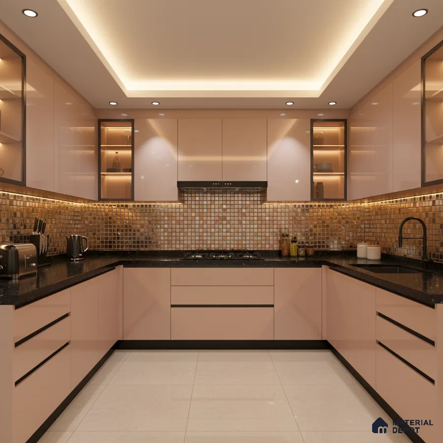 Modern U-shaped kitchen with blush pink high gloss laminate, black quartz countertop, and bronze mosaic backsplash tiles in Bengaluru