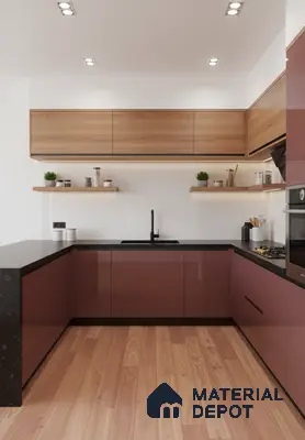 Modern U-shaped kitchen with burgundy high gloss laminate, natural oak laminate, and black quartz countertop in Bengaluru