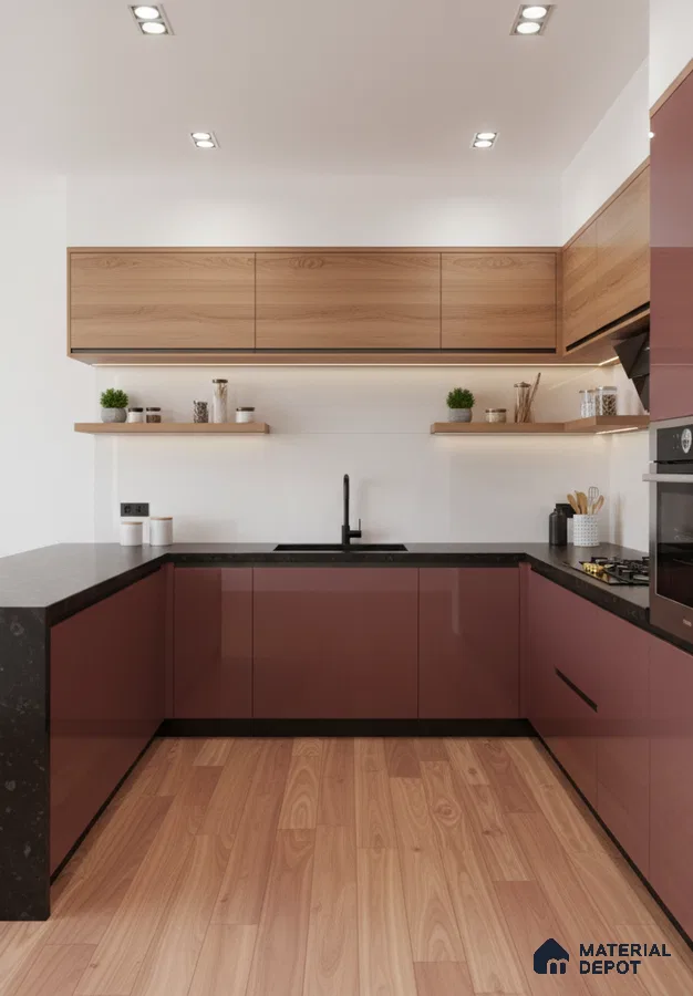 Modern U-shaped kitchen with burgundy high gloss laminate, natural oak laminate, and black quartz countertop in Bengaluru
