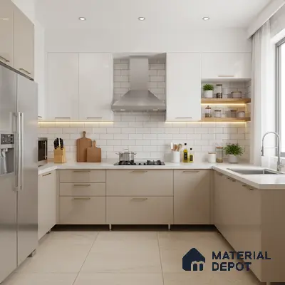 Modern U-shaped kitchen with frosty white and beige laminate, white quartz countertop, and subway tile backsplash in Bengaluru