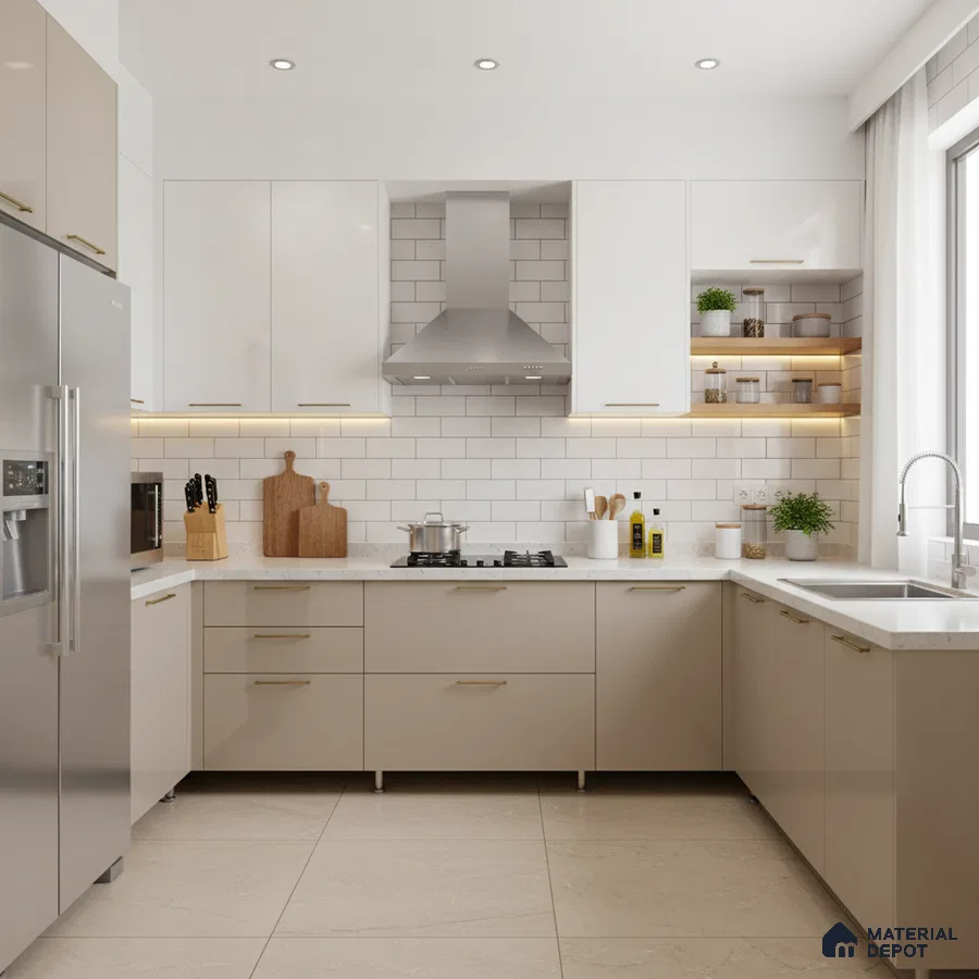 Modern U-shaped kitchen with frosty white and beige laminate, white quartz countertop, and subway tile backsplash in Bengaluru