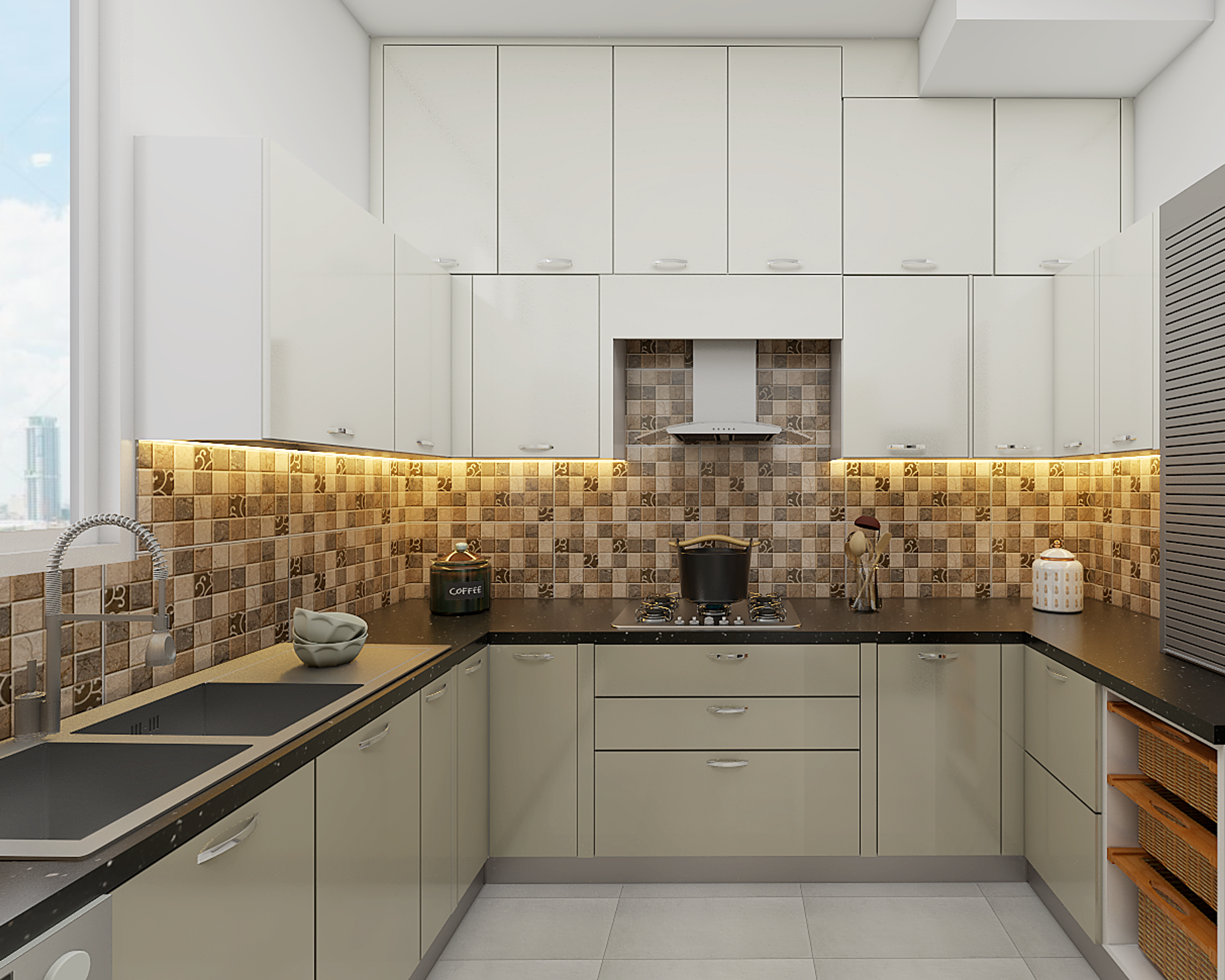 Modern U-shaped kitchen with glossy beige and white laminate, black quartz countertop, and patterned brown backsplash tiles in Bengaluru | Material Depot