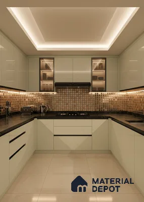 Modern U-shaped kitchen with glossy beige laminate, black granite countertop, and bronze mosaic backsplash tiles in Bengaluru