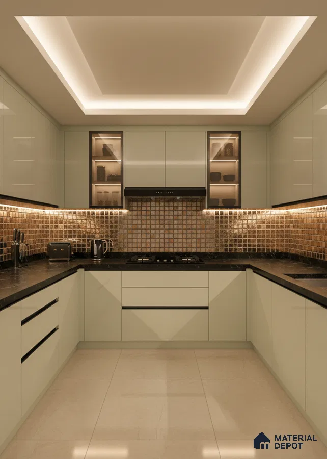 Modern U-shaped kitchen with glossy beige laminate, black granite countertop, and bronze mosaic backsplash tiles in Bengaluru
