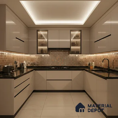 Modern U-shaped kitchen with glossy beige laminate, black granite countertop, and bronze mosaic backsplash tiles in Bengaluru