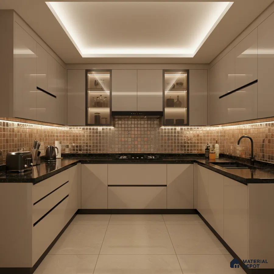 Modern U-shaped kitchen with glossy beige laminate, black granite countertop, and bronze mosaic backsplash tiles in Bengaluru