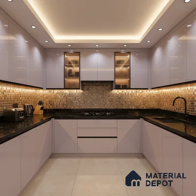 Modern U-shaped kitchen with glossy beige laminate, black granite countertop, and mosaic backsplash tiles in Bengaluru