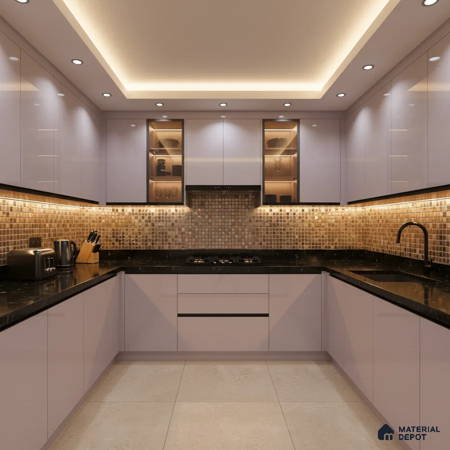 Modern U-shaped kitchen with glossy beige laminate, black granite countertop, and mosaic backsplash tiles in Bengaluru