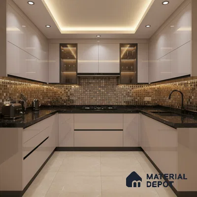Modern U-shaped kitchen with glossy beige laminate, black granite countertop, and mosaic tile backsplash in Bengaluru