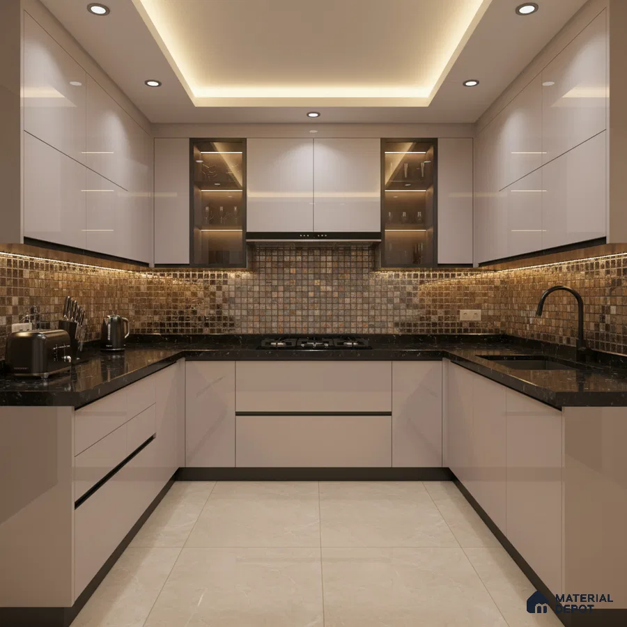 Modern U-shaped kitchen with glossy beige laminate, black granite countertop, and mosaic tile backsplash in Bengaluru