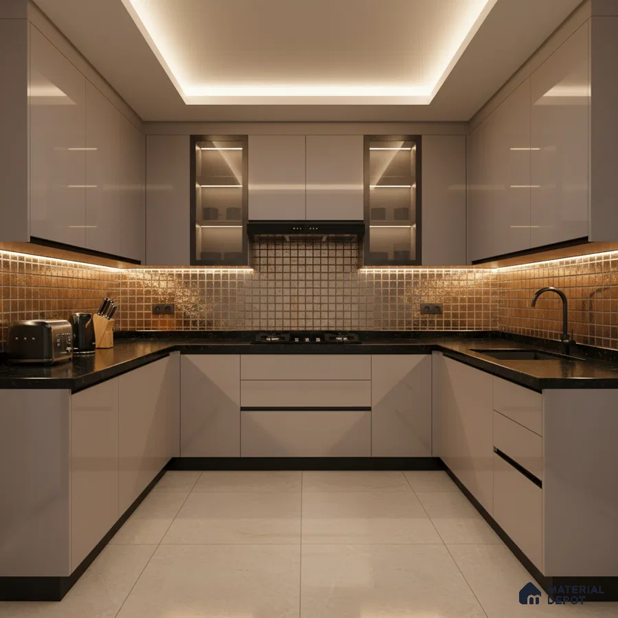Modern U-shaped kitchen with glossy beige laminate, black quartz countertop, and bronze mosaic backsplash tiles in Bengaluru