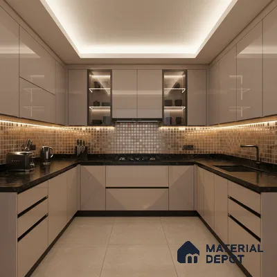 Modern U-shaped kitchen with glossy beige laminate, black quartz countertop, and bronze mosaic backsplash tiles in Bengaluru
