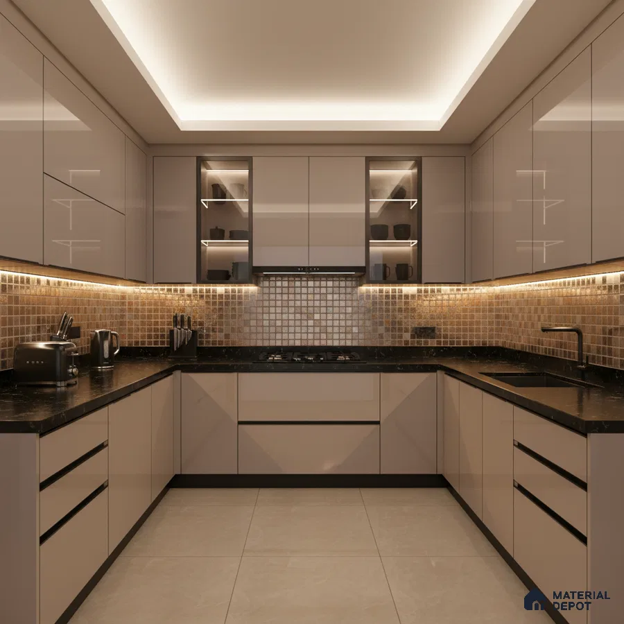 Modern U-shaped kitchen with glossy beige laminate, black quartz countertop, and bronze mosaic backsplash tiles in Bengaluru