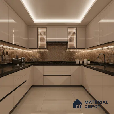 Modern U-shaped kitchen with glossy beige laminate, black quartz countertop, and bronze mosaic backsplash tiles in Bengaluru