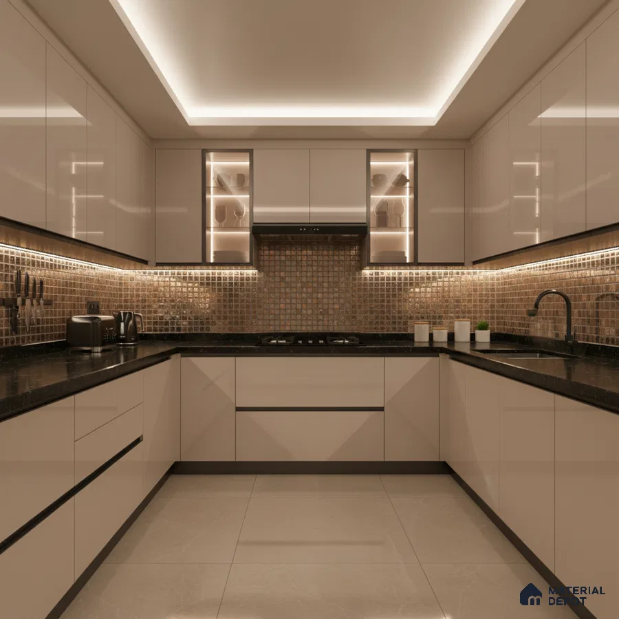Modern U-shaped kitchen with glossy beige laminate, black quartz countertop, and bronze mosaic backsplash tiles in Bengaluru