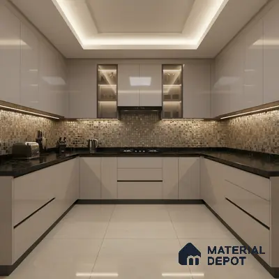 Modern U-shaped kitchen with glossy beige laminate, mosaic backsplash tiles, and black granite countertop in Bengaluru