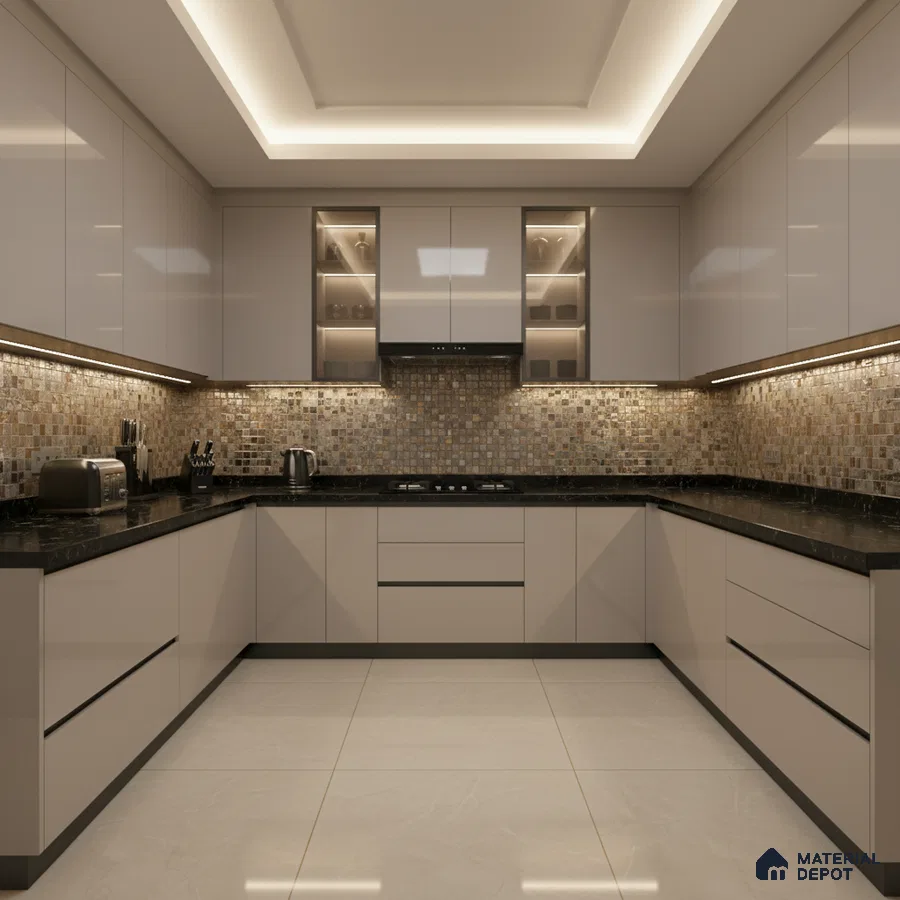 Modern U-shaped kitchen with glossy beige laminate, mosaic backsplash tiles, and black granite countertop in Bengaluru