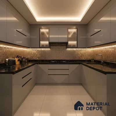 Modern U-shaped kitchen with glossy grey laminate, black granite countertop, and bronze mosaic backsplash tiles in Bengaluru