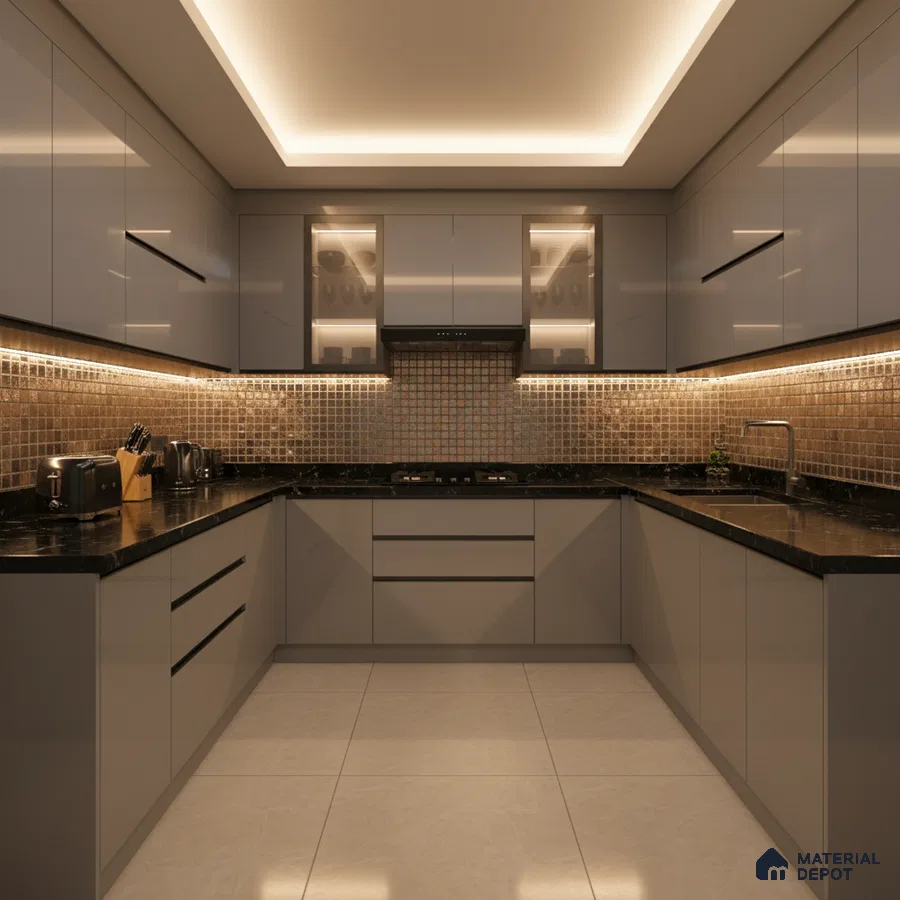 Modern U-shaped kitchen with glossy grey laminate, black granite countertop, and bronze mosaic backsplash tiles in Bengaluru