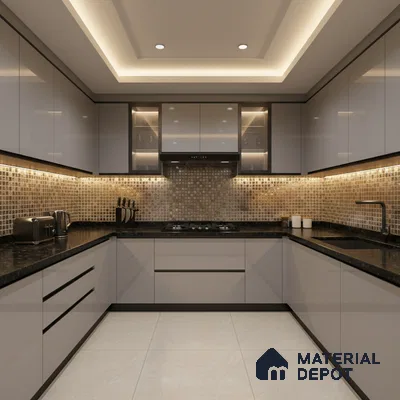 Modern U-shaped kitchen with glossy grey laminate, black granite countertop, and mosaic backsplash tiles in Bengaluru
