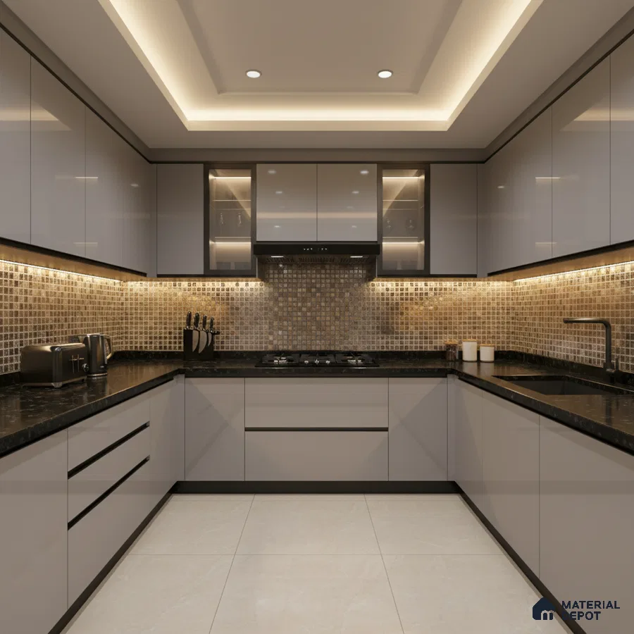 Modern U-shaped kitchen with glossy grey laminate, black granite countertop, and mosaic backsplash tiles in Bengaluru