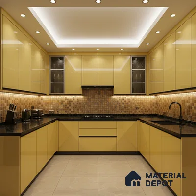 Modern U-shaped kitchen with glossy mustard yellow laminate, mosaic tile backsplash, and black granite countertop in Bengaluru
