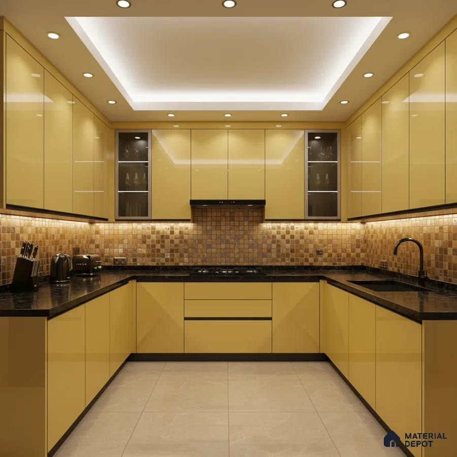 Modern U-shaped kitchen with glossy mustard yellow laminate, mosaic tile backsplash, and black granite countertop in Bengaluru