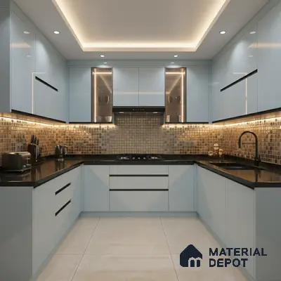 Modern U-shaped kitchen with glossy pastel blue laminate, mosaic tile backsplash, and black granite countertop in Bengaluru