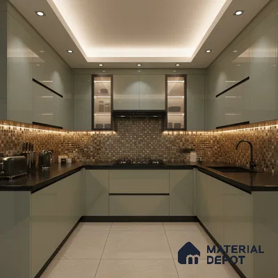 Modern U-shaped kitchen with glossy sage green laminate, mosaic tile backsplash, and black quartz countertop in Bengaluru