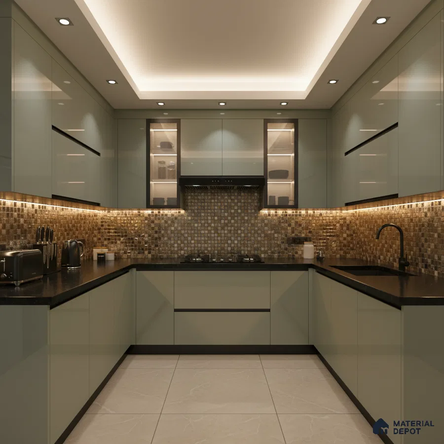 Modern U-shaped kitchen with glossy sage green laminate, mosaic tile backsplash, and black quartz countertop in Bengaluru