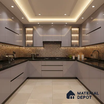 Modern U-shaped kitchen with glossy taupe laminate, black granite countertop, and bronze mosaic backsplash tiles in Bengaluru