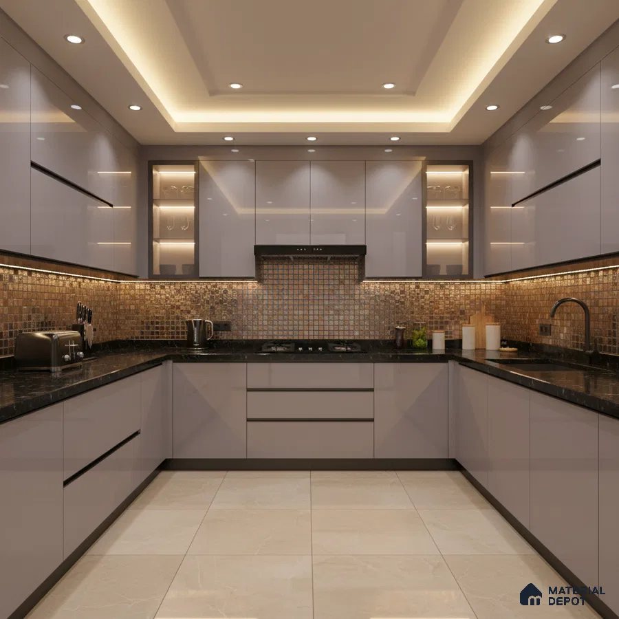 Modern U-shaped kitchen with glossy taupe laminate, black granite countertop, and bronze mosaic backsplash tiles in Bengaluru