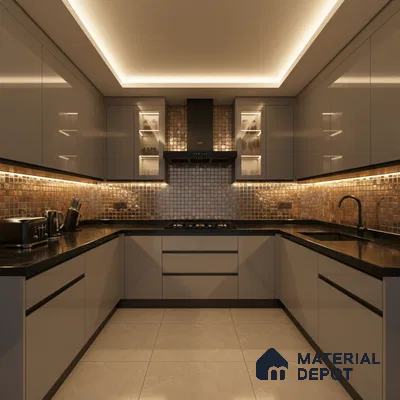 Modern U-shaped kitchen with glossy taupe laminate, black quartz countertop, and bronze mosaic backsplash tiles in Bengaluru