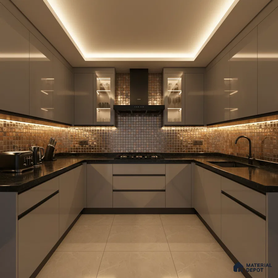 Modern U-shaped kitchen with glossy taupe laminate, black quartz countertop, and bronze mosaic backsplash tiles in Bengaluru
