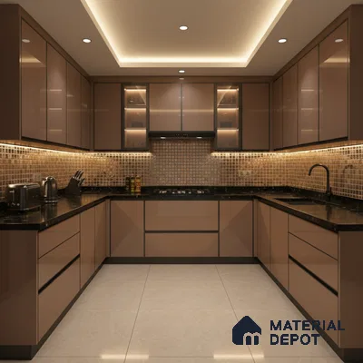 Modern U-shaped kitchen with glossy taupe laminate, black quartz countertop, and mosaic backsplash tiles in Bengaluru