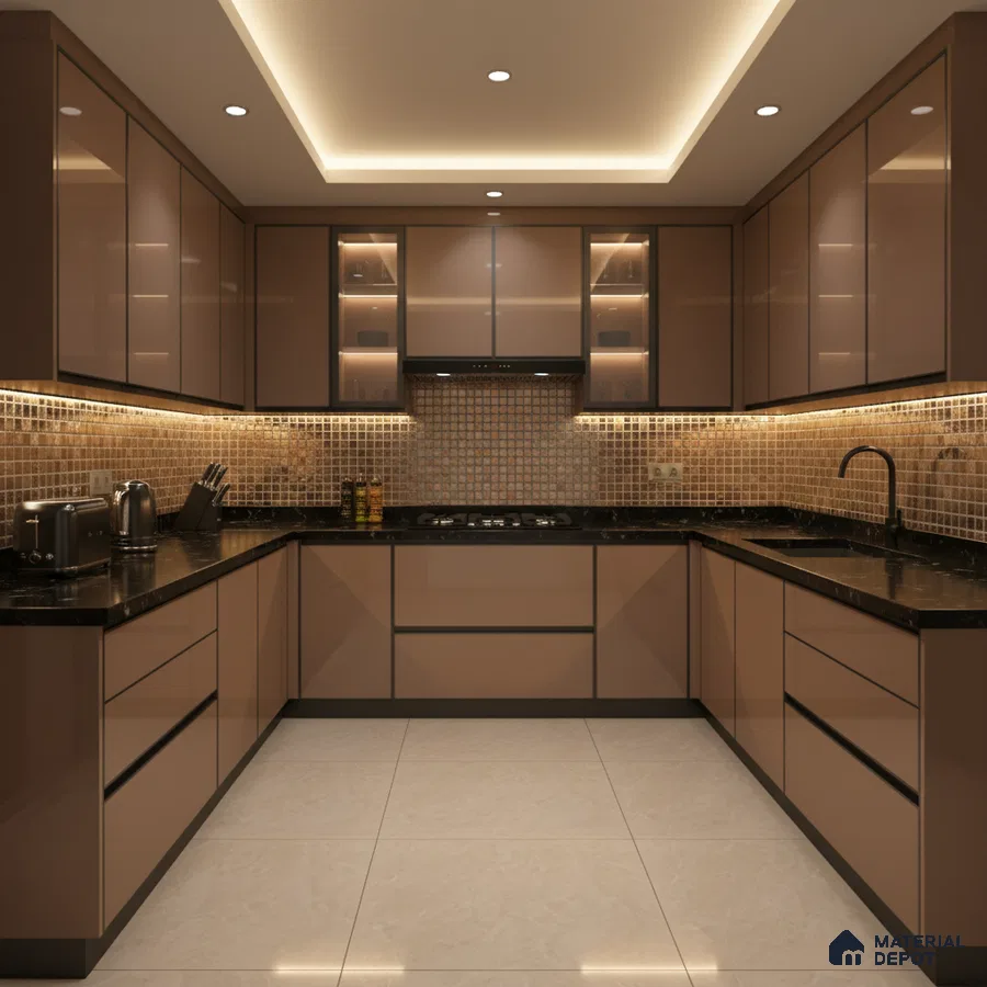 Modern U-shaped kitchen with glossy taupe laminate, black quartz countertop, and mosaic backsplash tiles in Bengaluru