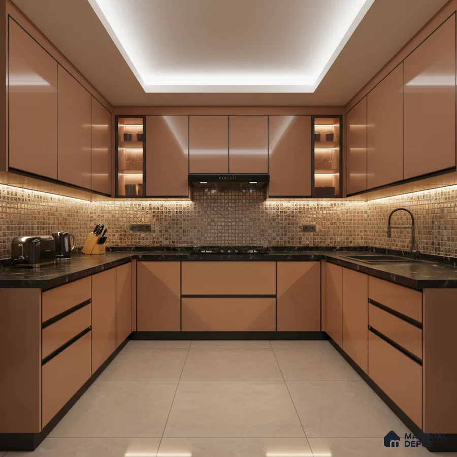 Modern U-shaped kitchen with glossy terracotta laminate cabinets, mosaic tile backsplash, and black granite countertop in Bengaluru