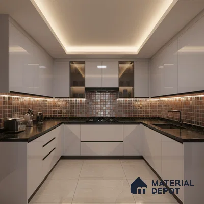 Modern U-shaped kitchen with glossy white laminate, black granite countertop, and brown mosaic backsplash tiles in Bengaluru