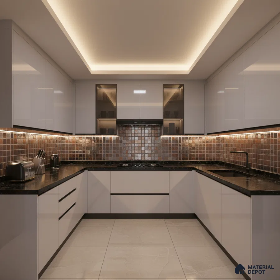 Modern U-shaped kitchen with glossy white laminate, black granite countertop, and brown mosaic backsplash tiles in Bengaluru
