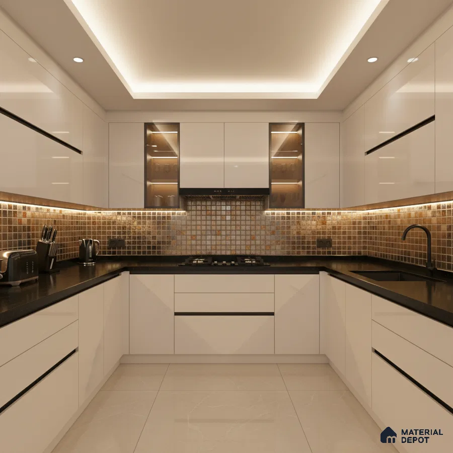 Modern U-shaped kitchen with glossy white laminate, black quartz countertop, and brown mosaic backsplash tiles in Bengaluru