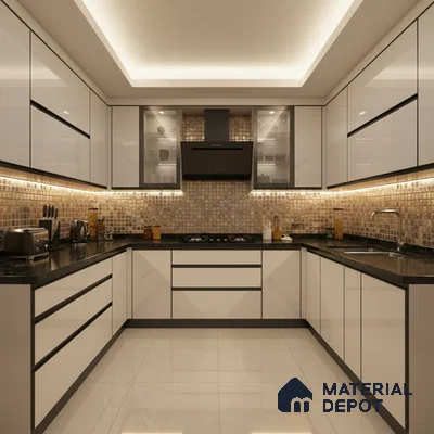 Modern U-shaped kitchen with glossy white laminate cabinets, black granite countertop, and mosaic tile backsplash in Bengaluru