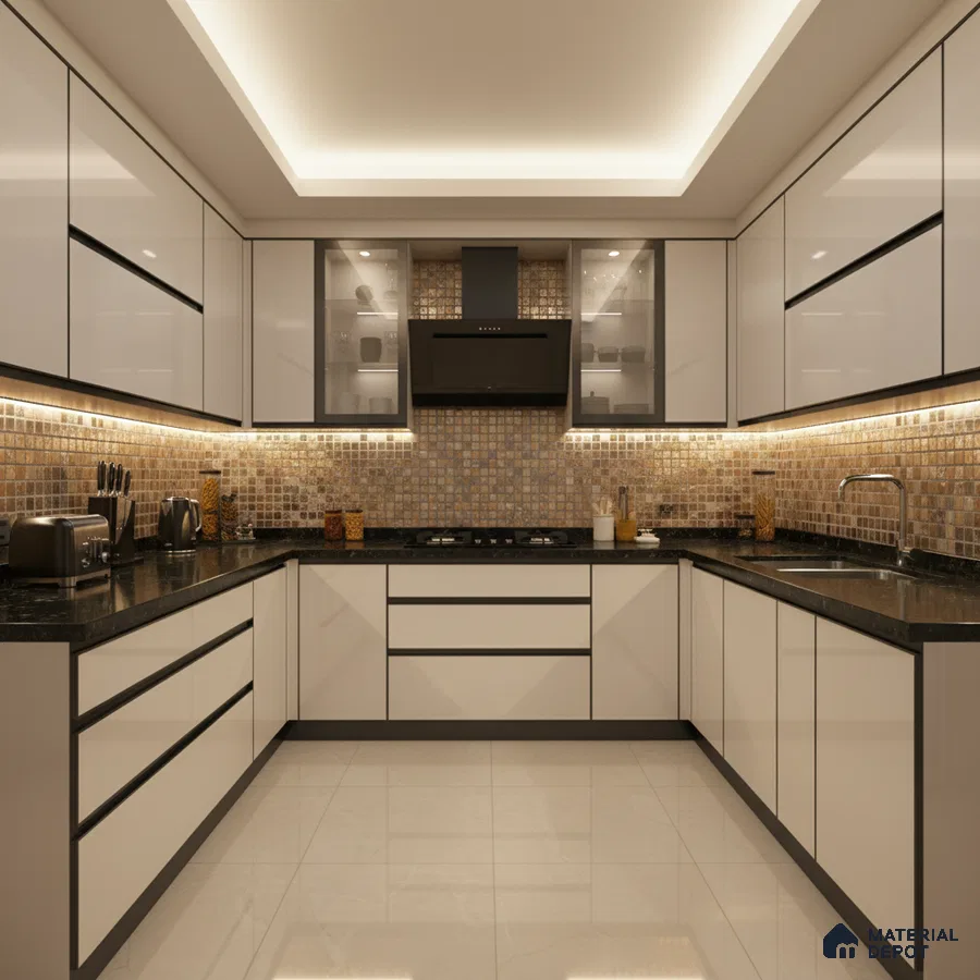 Modern U-shaped kitchen with glossy white laminate cabinets, black granite countertop, and mosaic tile backsplash in Bengaluru