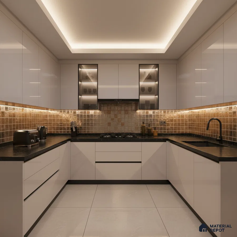Modern U-shaped kitchen with glossy white laminate cabinets, black quartz countertop, and beige mosaic backsplash tiles in Bengaluru