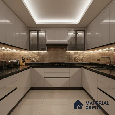 Modern U-shaped kitchen with glossy white laminate cabinets, black quartz countertop, and metallic mosaic backsplash tiles in Bengaluru