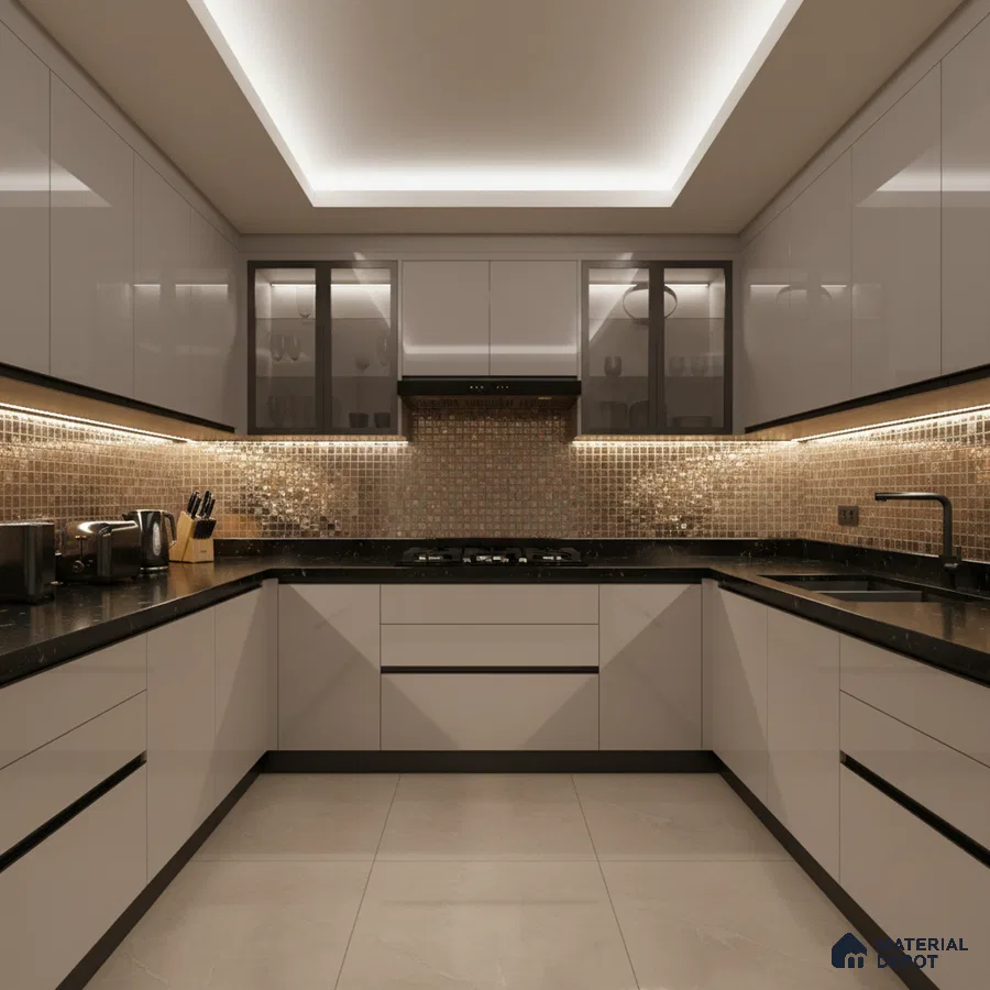 Modern U-shaped kitchen with glossy white laminate cabinets, black quartz countertop, and metallic mosaic backsplash tiles in Bengaluru