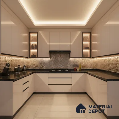 Modern U-shaped kitchen with high gloss white laminate, black granite countertop, and mosaic backsplash tiles in Bengaluru